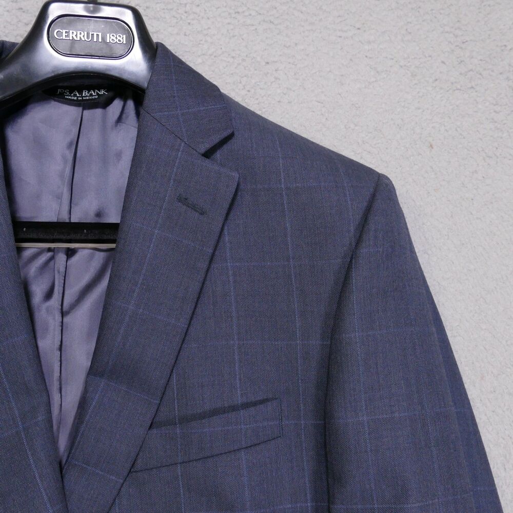 Jos. A. Bank Signature Blazer Sport Coat 42L Tailored Fit Blue Plaid Wool Silk
